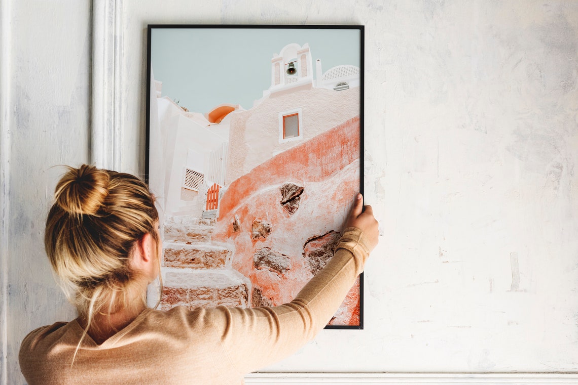 Santorini Greece Whitewashed Church Steps Pastel Travel Wall Print - Image 3