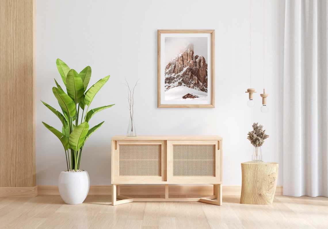 Snowy Mountain Peak With Wooden Chalet Cabin Winter Wall Art - Image 3
