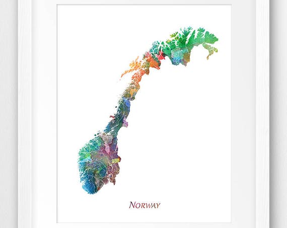 Norway Map Watercolor Poster Print, Travel Decor