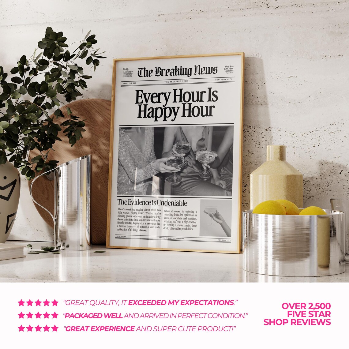 Newspaper Posters Bar Cart Happy Hour Wall Art Print - Image 2