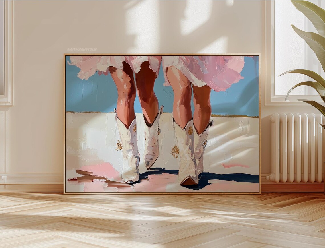 White Cowboy Boots Pink Dress Coastal Cowgirl Painting Poster