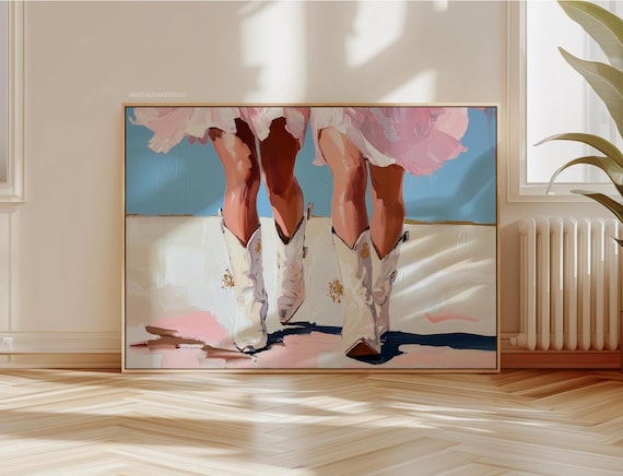 White Cowboy Boots Pink Dress Coastal Cowgirl Painting Poster