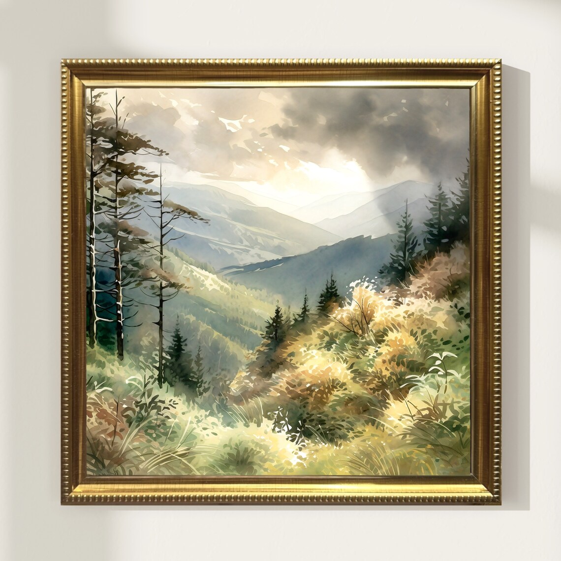 Green Mountain Valley Meadow Pines Dramatic Clouds Watercolor View Poster - Image 5