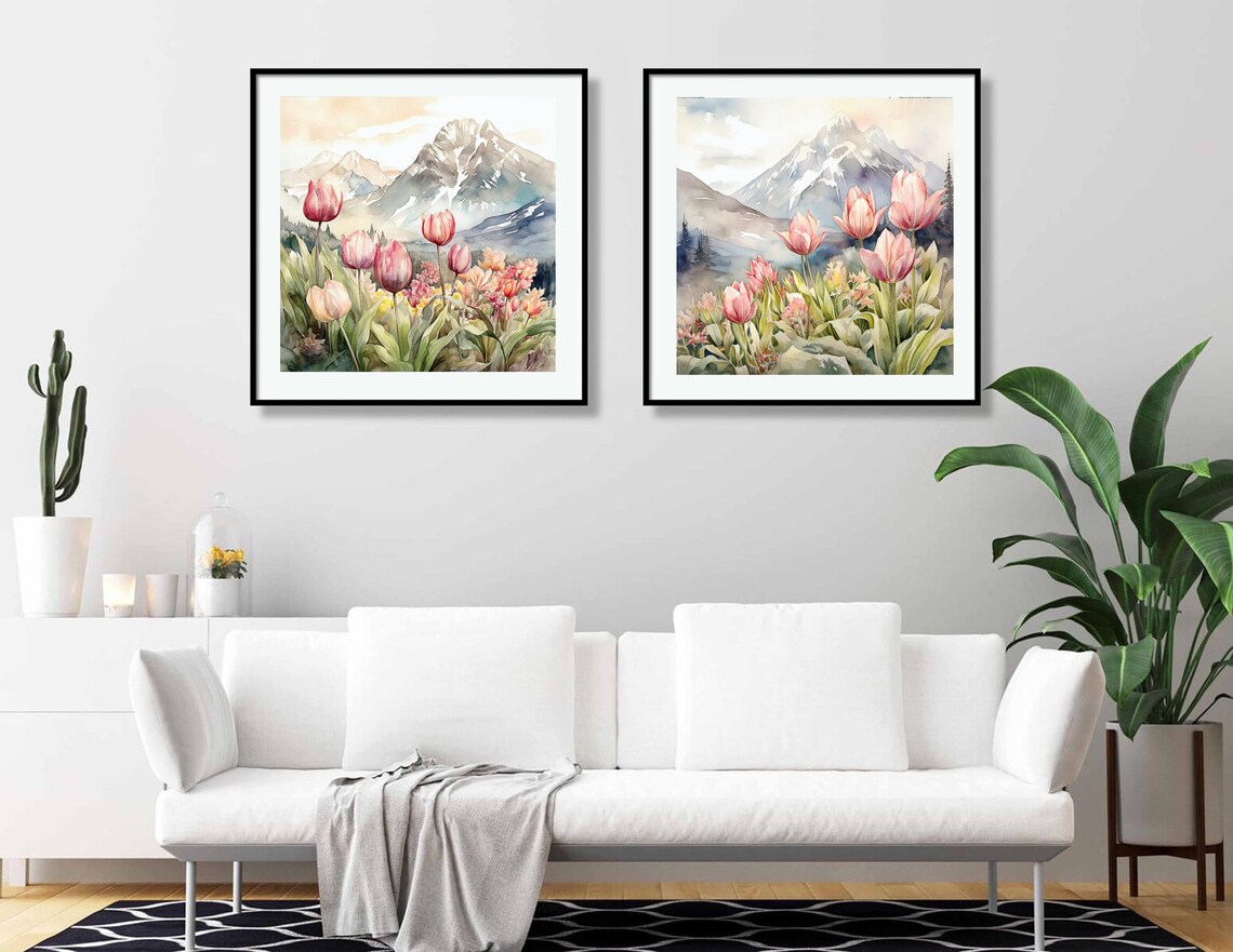 Tulips Flowers Alaska Mountain Landscape Watercolor Art Print - Image 3