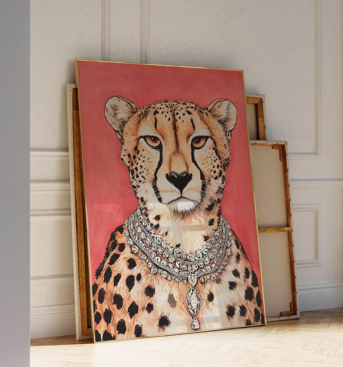 Regal Cheetah Wearing a Diamond Necklace Pink Portrait Poster - Image 3