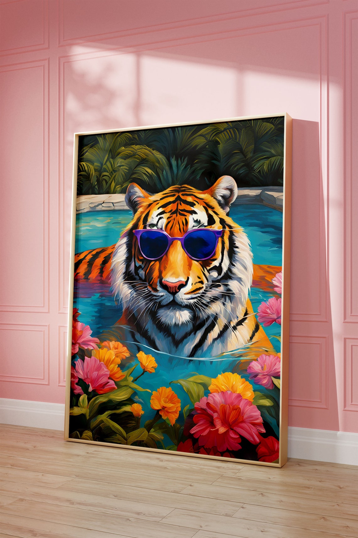 Tiger Wearing Purple Sunglasses In Bright Summer Pool Party Art Poster - Image 3