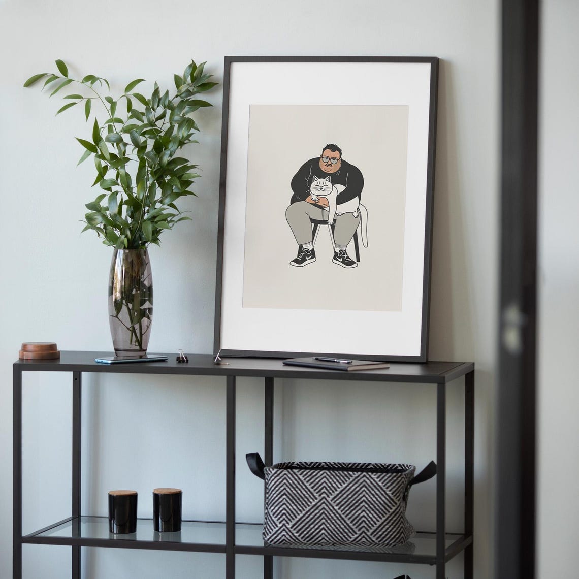 Man Holding White Cat Lap Minimalist Illustration Poster Art Decor - Image 2