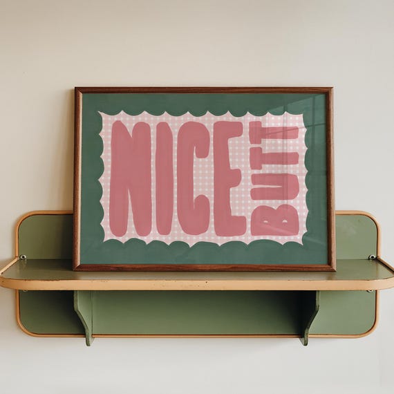 Checkered Nice Butt Bathroom Art Print, Green Pink