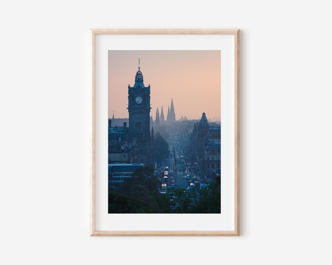 Edinburgh Princes Street At Dusk Clock Tower City Skyline Photo Art Print