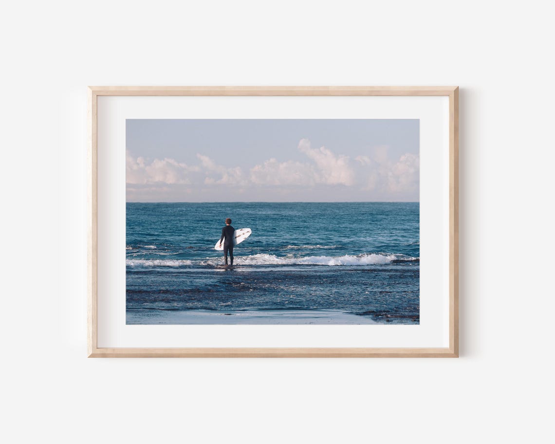 Lone Surfer At Dawn Holding Surfboard Ocean Waves Photography Poster