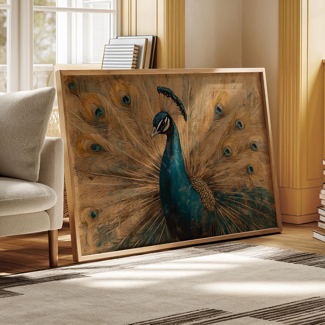 Vintage Peacock With Fanned Tail Teal Gold Elegant Bird Wall Art