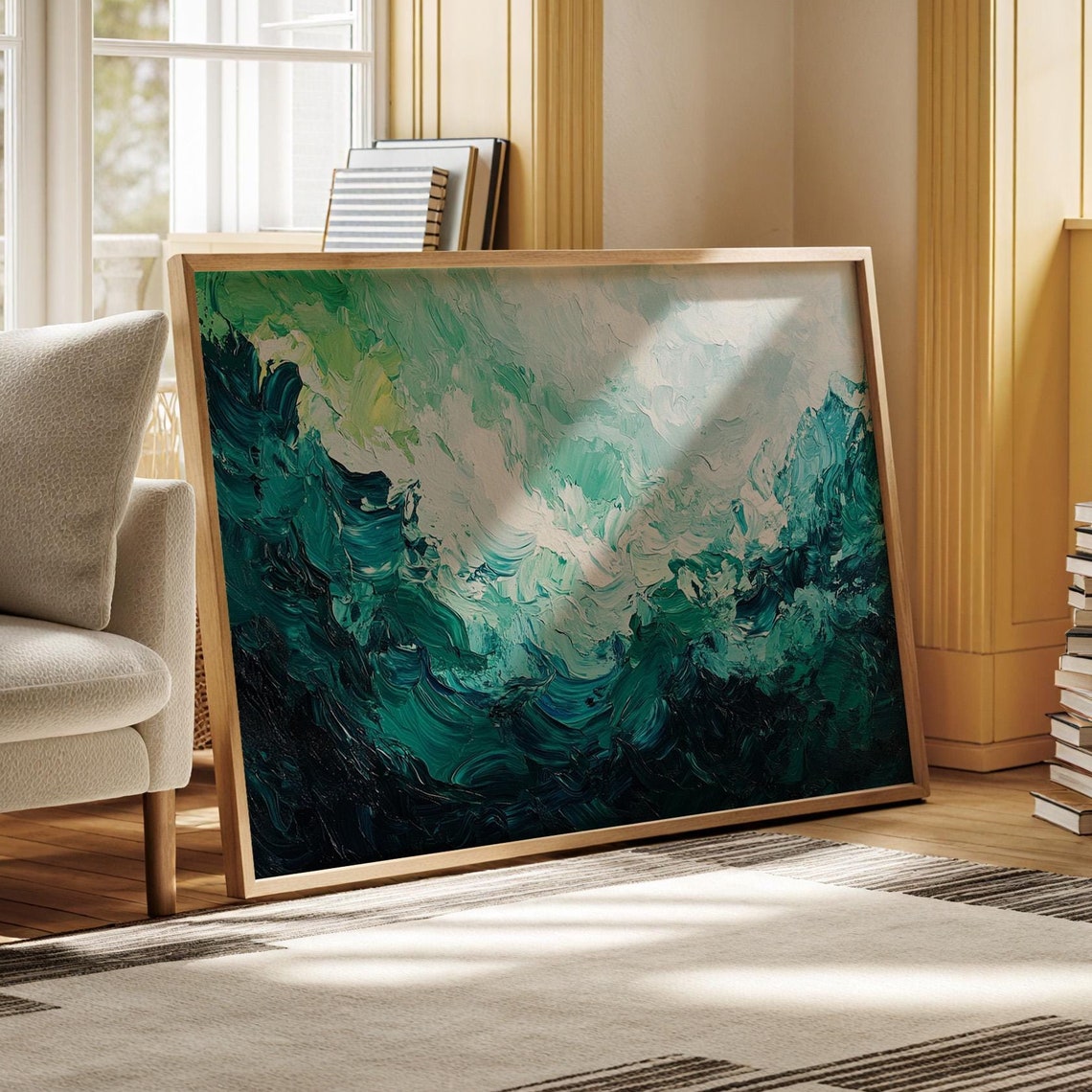 Emerald Ocean Waves Textured Abstract Palette Knife Coastal Art Print