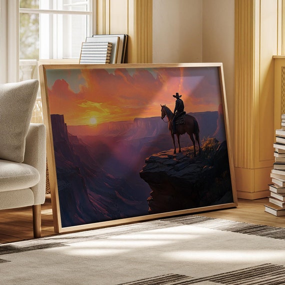 Cowboy Canyon Sunset Print Western Horseback Wall Art Rustic Wild West Landscape Majestic Desert Painting Frontier Adventure