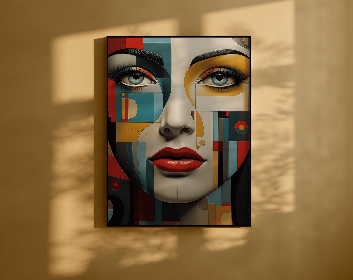 Geometric Cubist Woman Face in Teal Red and Gold Blocks Poster