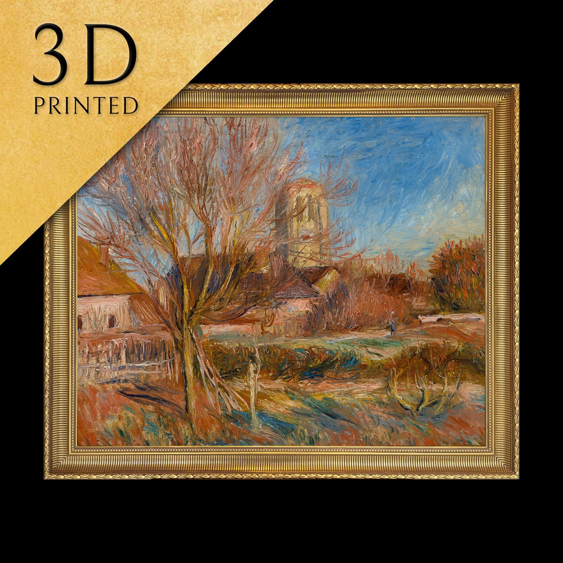 Renoir Autumn Village Scene with a Church Tower and Bare Trees Poster