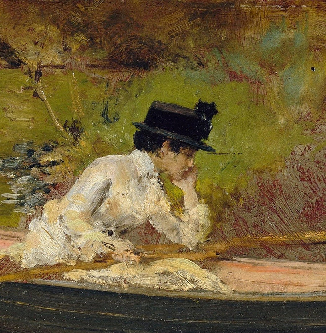 William Merritt Chase Woman Rowing Boat Pond Scene Textured Print - Image 3