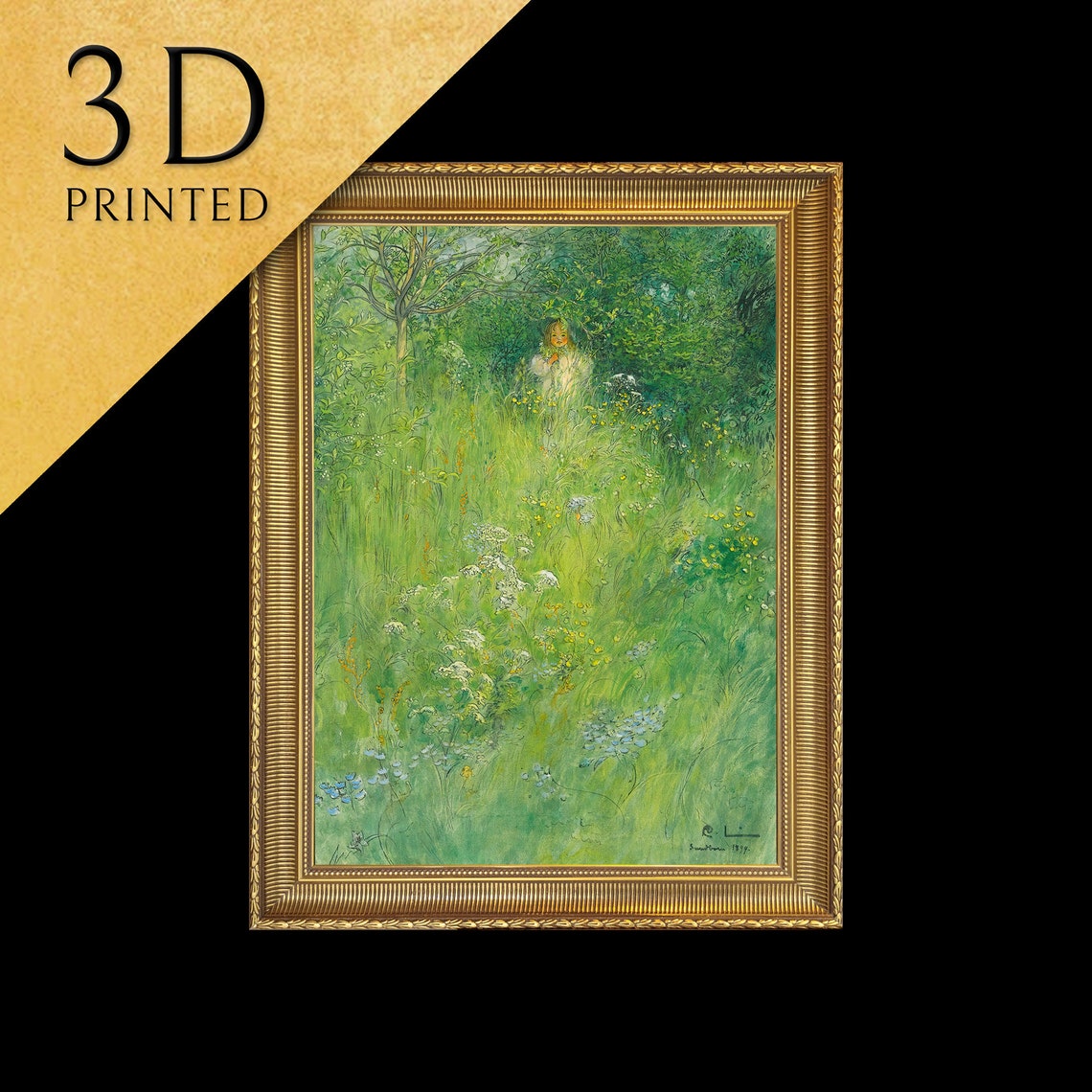 Small Child Standing in a Tall Sunlit Wildflower Meadow Art Poster