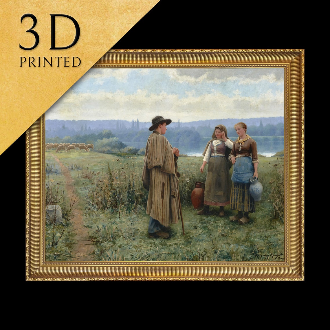 Daniel Ridgway Knight Idle Moment Shepherd Meadow Scene Textured Print