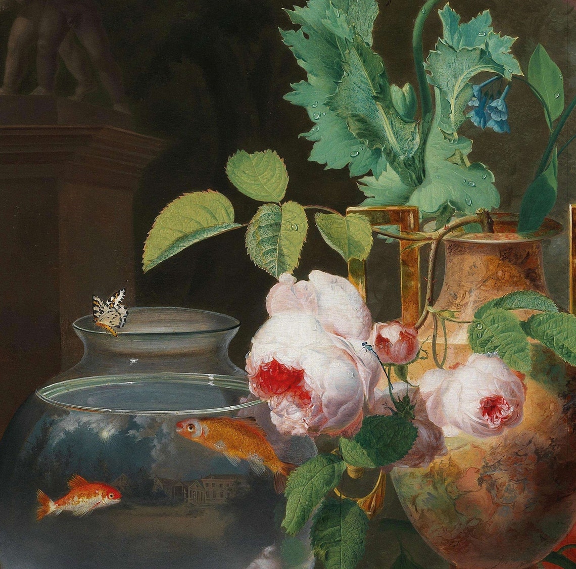 Classic Still Life with Roses and a Goldfish Bowl on Marble Poster - Image 3