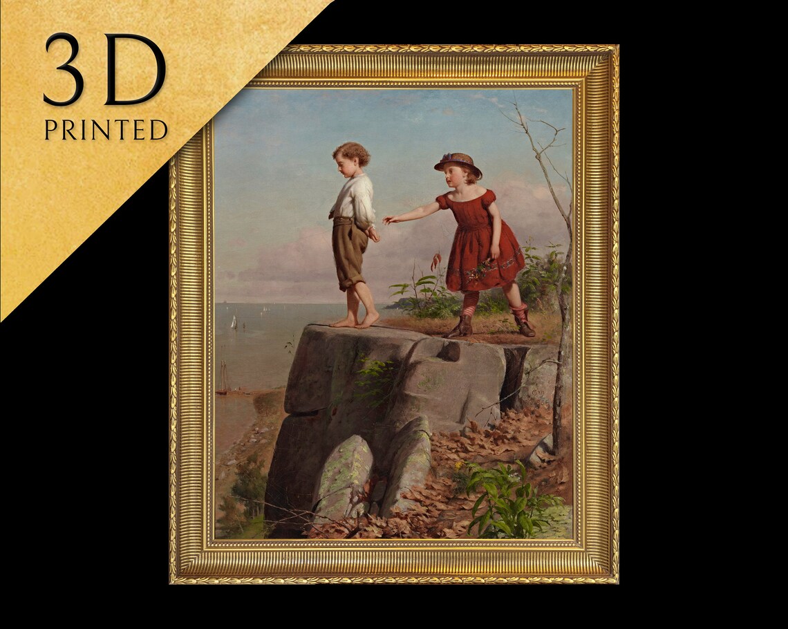 Boy and Girl Standing on a Rocky Cliff Overlooking the Sea Poster