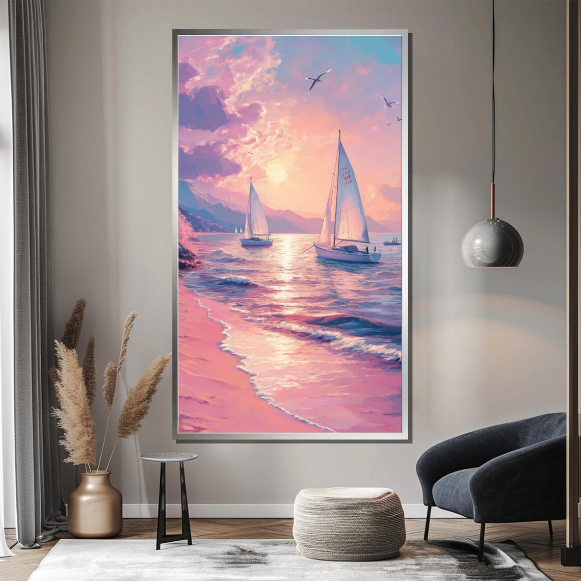 Pink Sunset Sailboats Gentle Shore Waves Scene Romantic Poster - Image 3