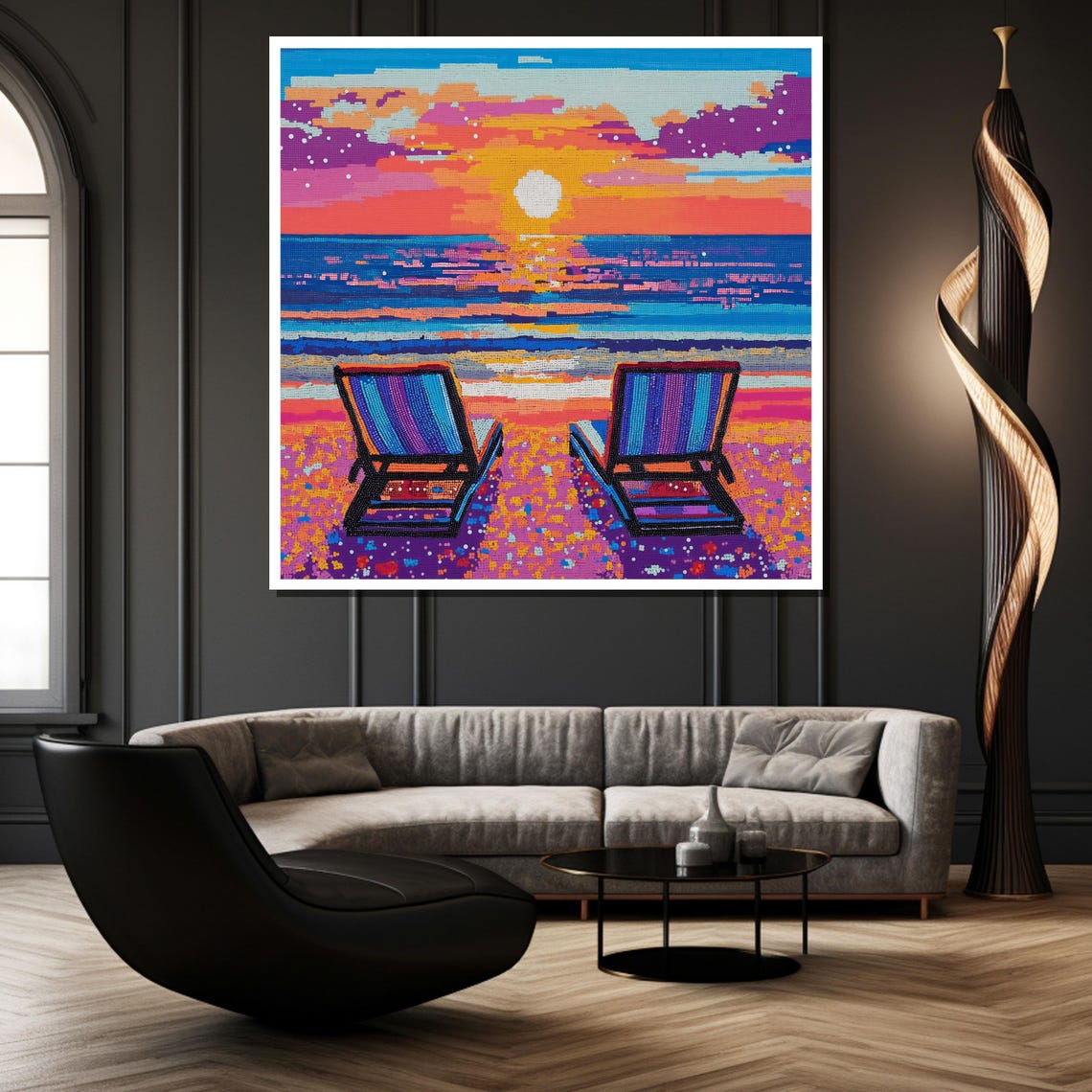 Stunning Pop Art Beach Chairs Neon Sunset Ocean Scene Poster - Image 2