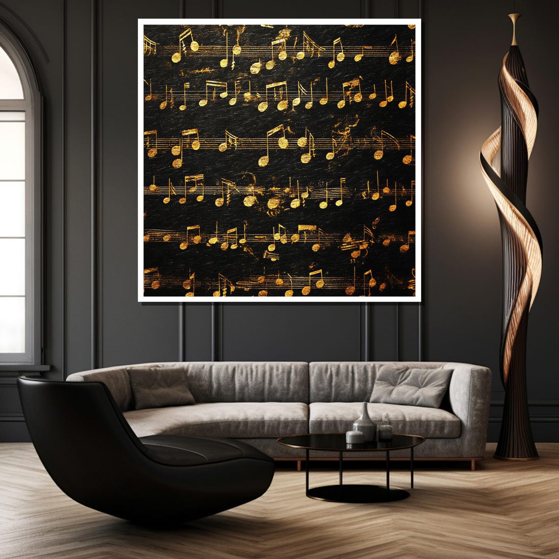 Golden Musical Notes Black Sheet Music Elegant Art Wall Poster - Image 2