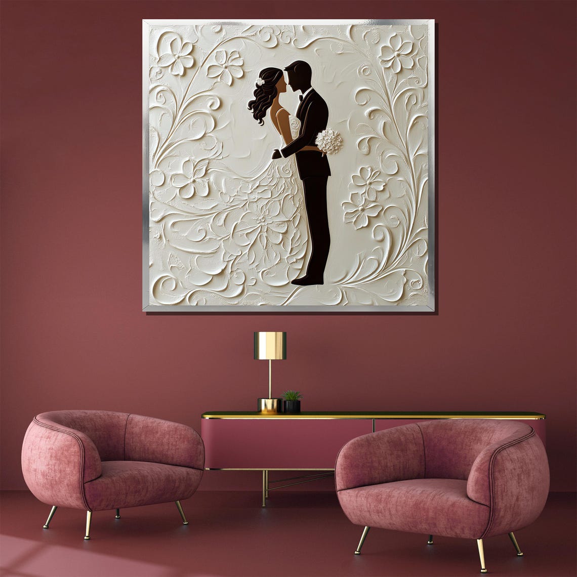 Elegant Wedding Couple White Floral Carved Relief Sculpture Poster - Image 4