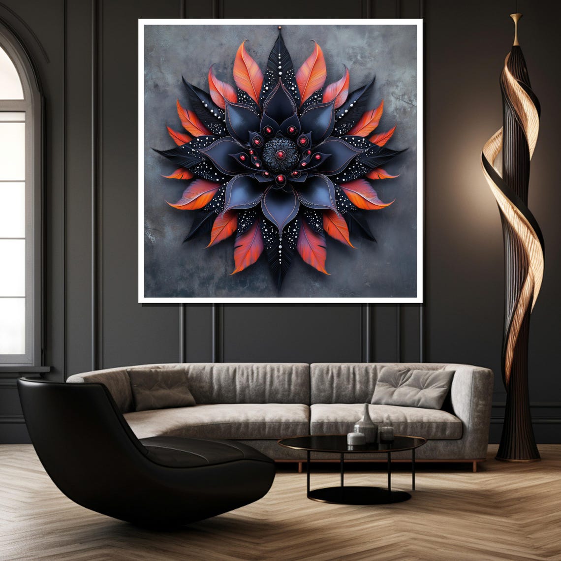 Black And Fiery Red Mandala Bloom Abstract Floral Art Poster - Image 2