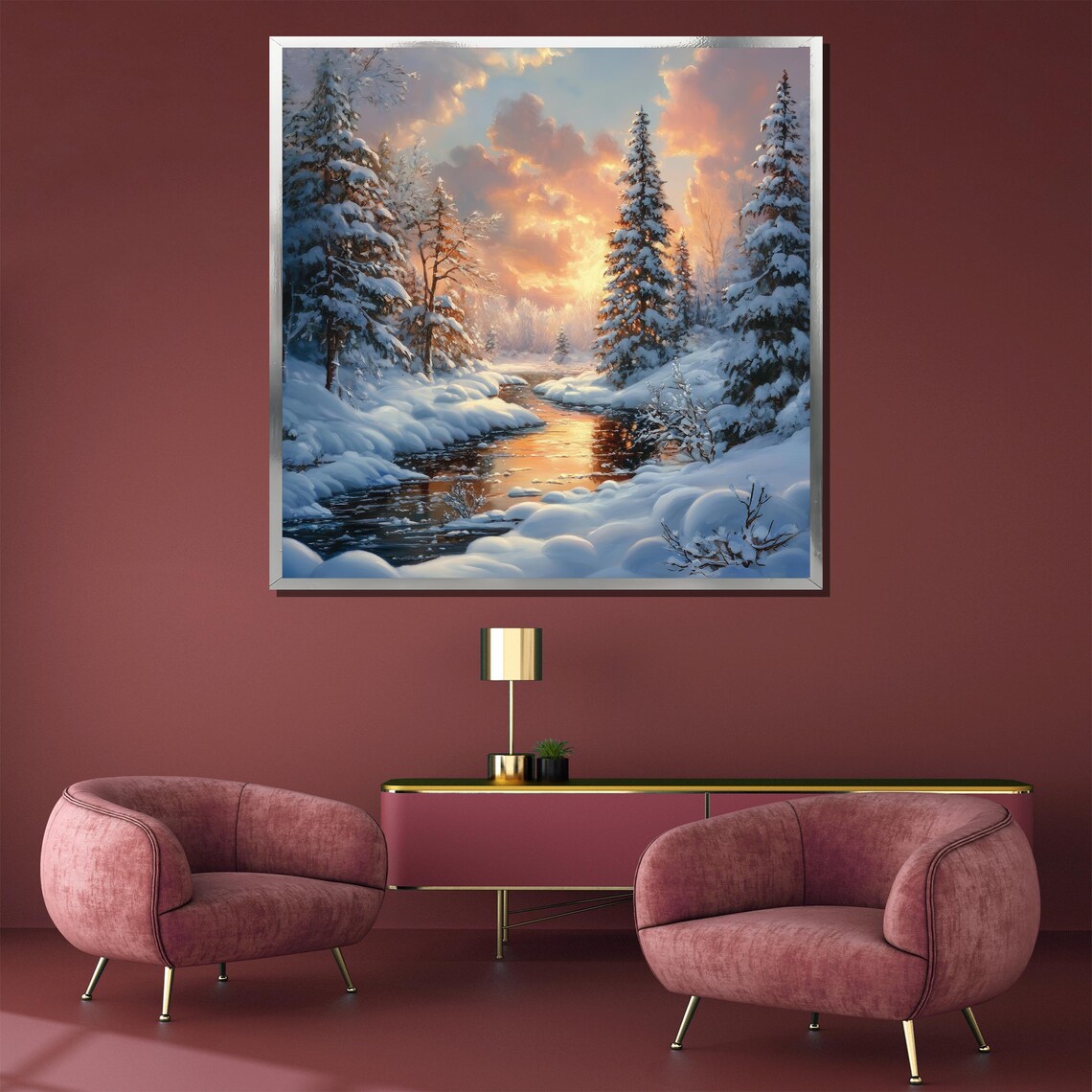 Snowy Winter Forest Stream Rosy Sunset Wonderland Art Poster - Image 3