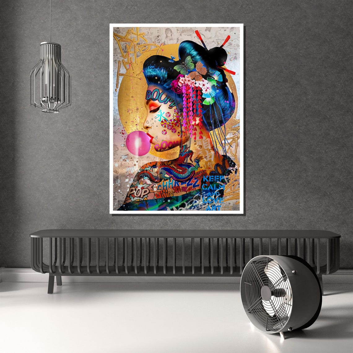 Geisha Pop Art Portrait with Pink Bubble Graffiti Art Poster - Image 3