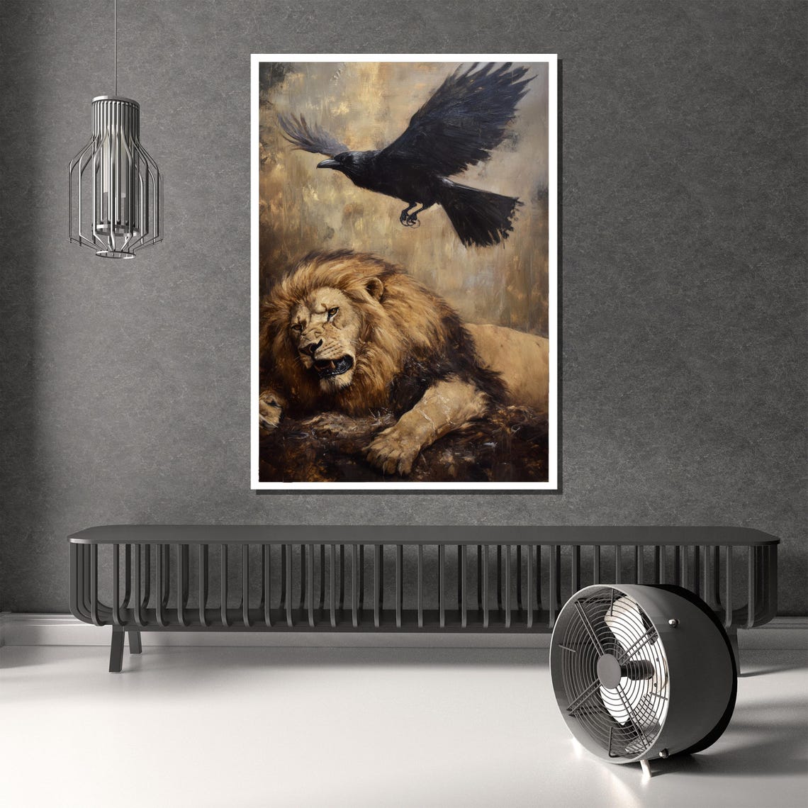 Resting Lion with a Raven Flying Above Moody Wildlife Poster - Image 2