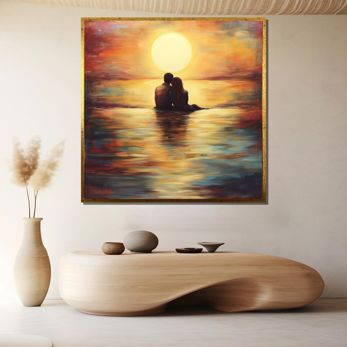 Sunset Beach Couple Seated in Ocean Water Romantic Painting Poster
