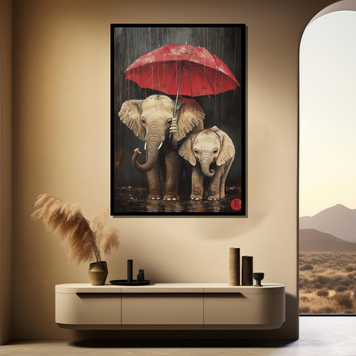 Elephant Mom And Baby Sharing Red Umbrella In Rain Cute Poster - Image 4
