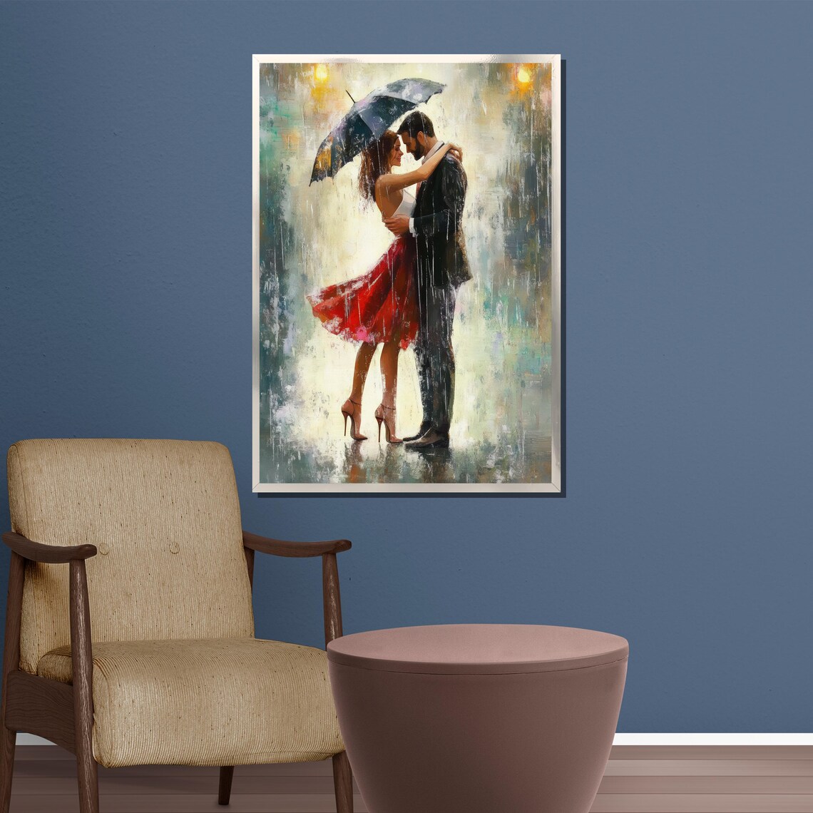 Romantic Couple Embracing Under an Umbrella in the Rain Poster - Image 3