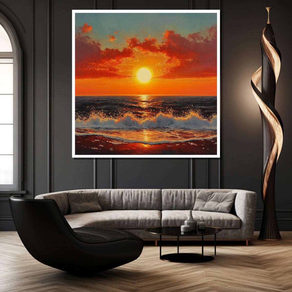 Fiery Orange Sunset Ocean Waves Dramatic Sky Scene Seascape Poster - Image 2