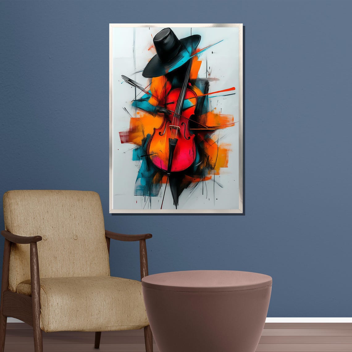 Bold Red Violin Painting With Abstract Orange and Teal Poster - Image 3