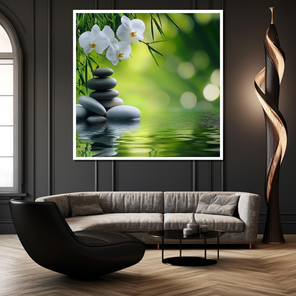 White Orchids and Zen Stones Over Calm Water in Nature Poster - Image 2