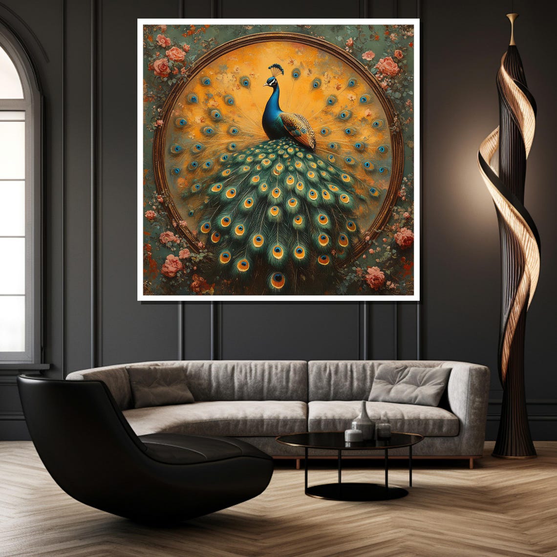 Ornate Peacock Feather Display Gilded Floral Frame Elegant Poster - Image 2