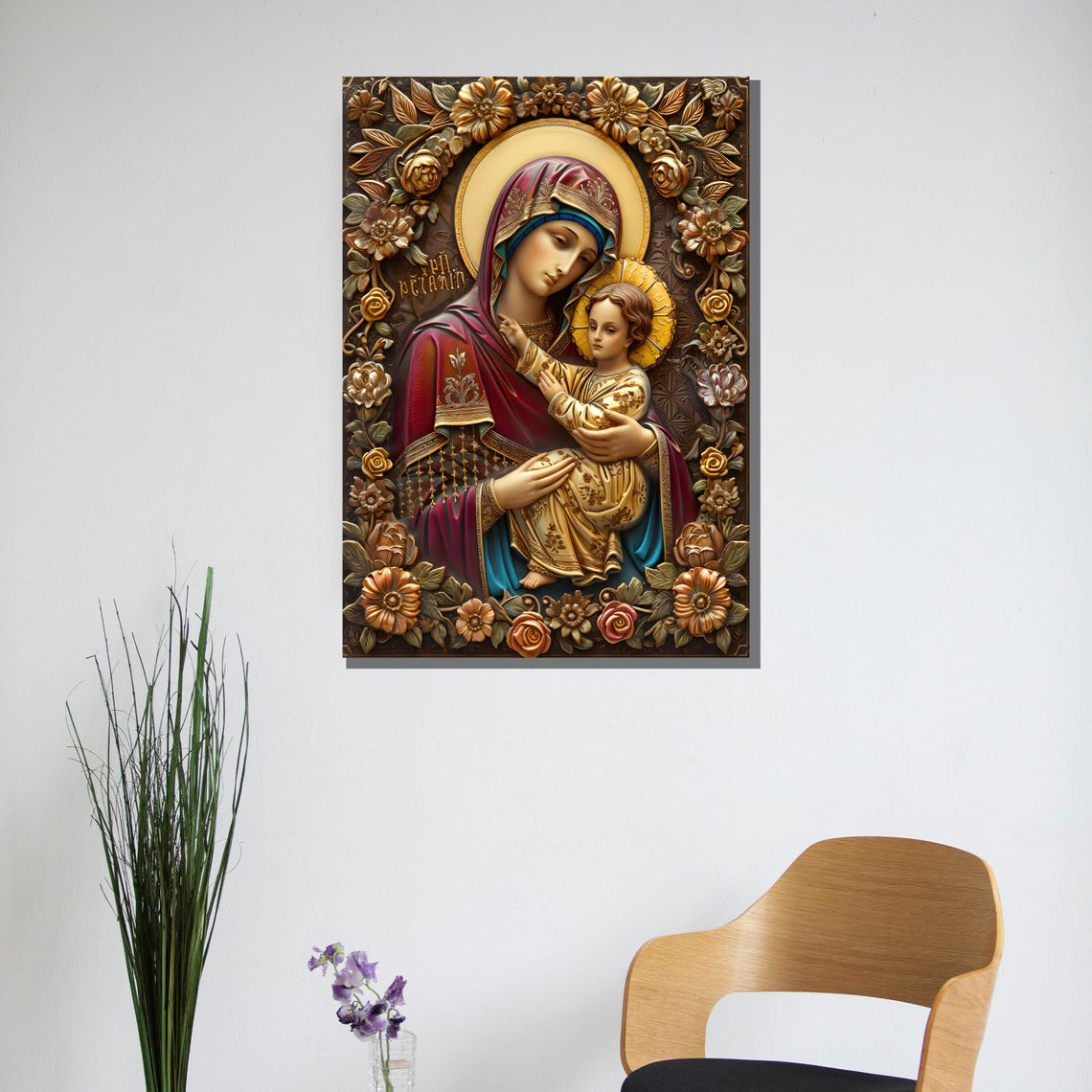 Madonna and Child Ornate Golden Floral Icon Religious Poster - Image 3