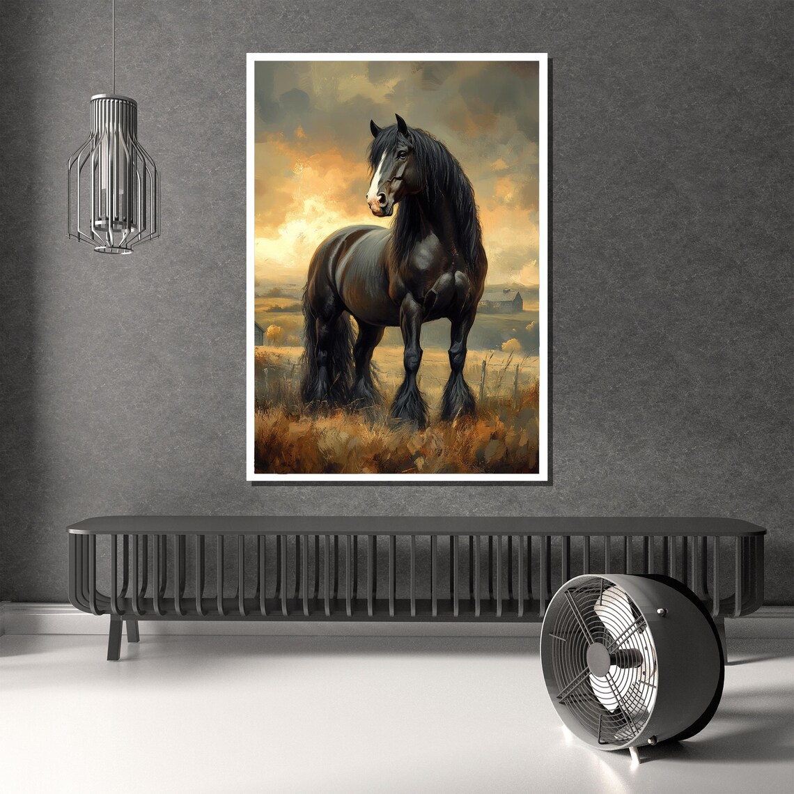 Black Stallion Standing Proud in a Golden Field at Sunset Poster - Image 2