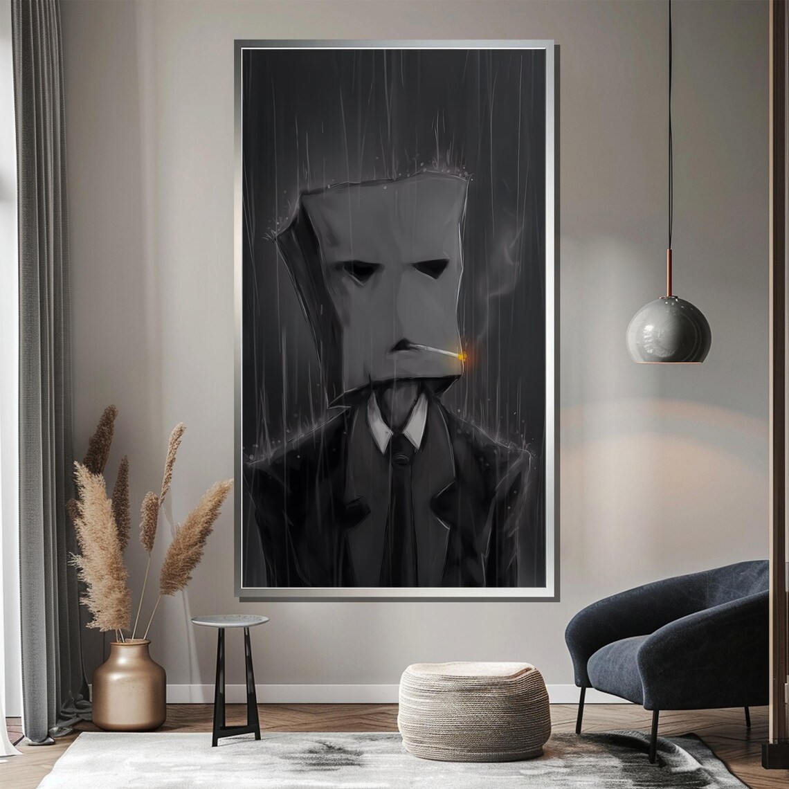 Mysterious Masked Man Smoking In The Rain Noir Painting Poster - Image 3