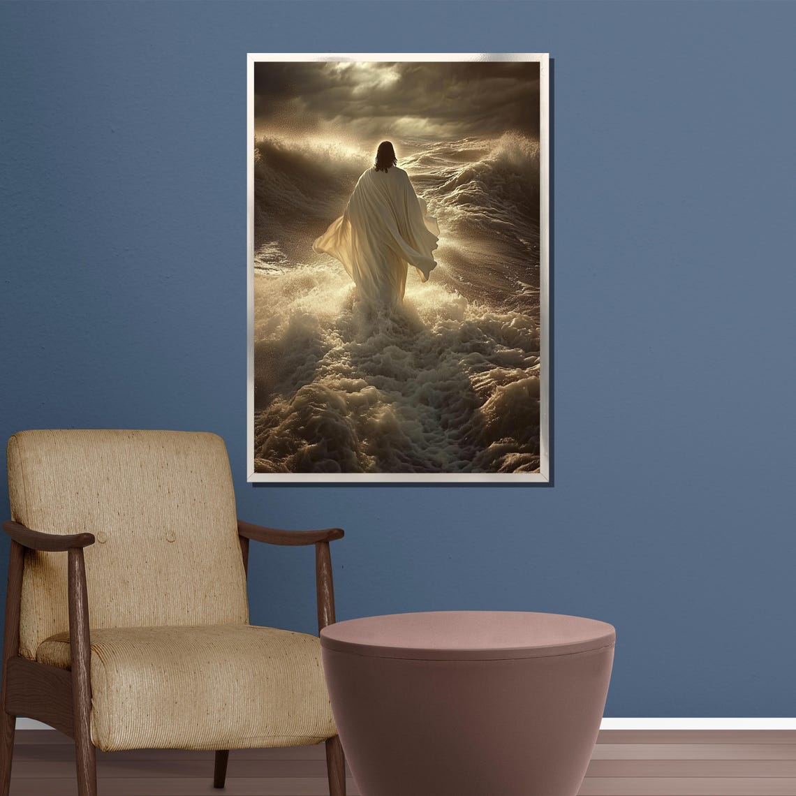 Jesus Walking on Water Golden Sepia Light Behind Waves Poster - Image 5