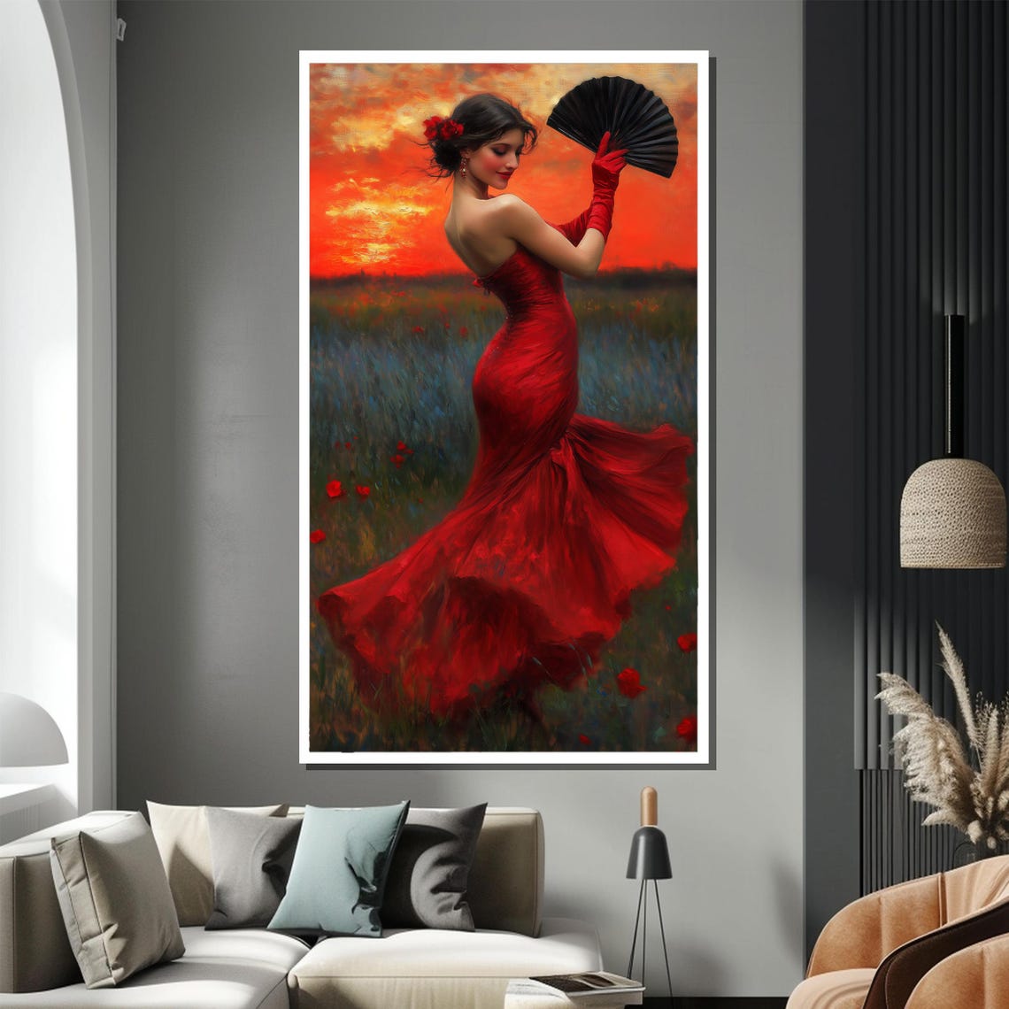 Flamenco Dancer Red Dress Sunset Field Spanish Art Wall Poster - Image 2