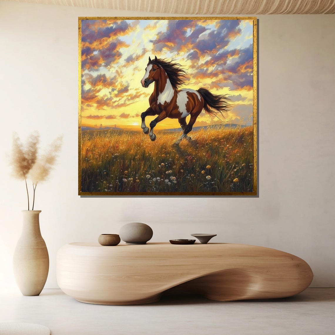 Pinto Horse Galloping Through a Flowered Sunset Field Poster