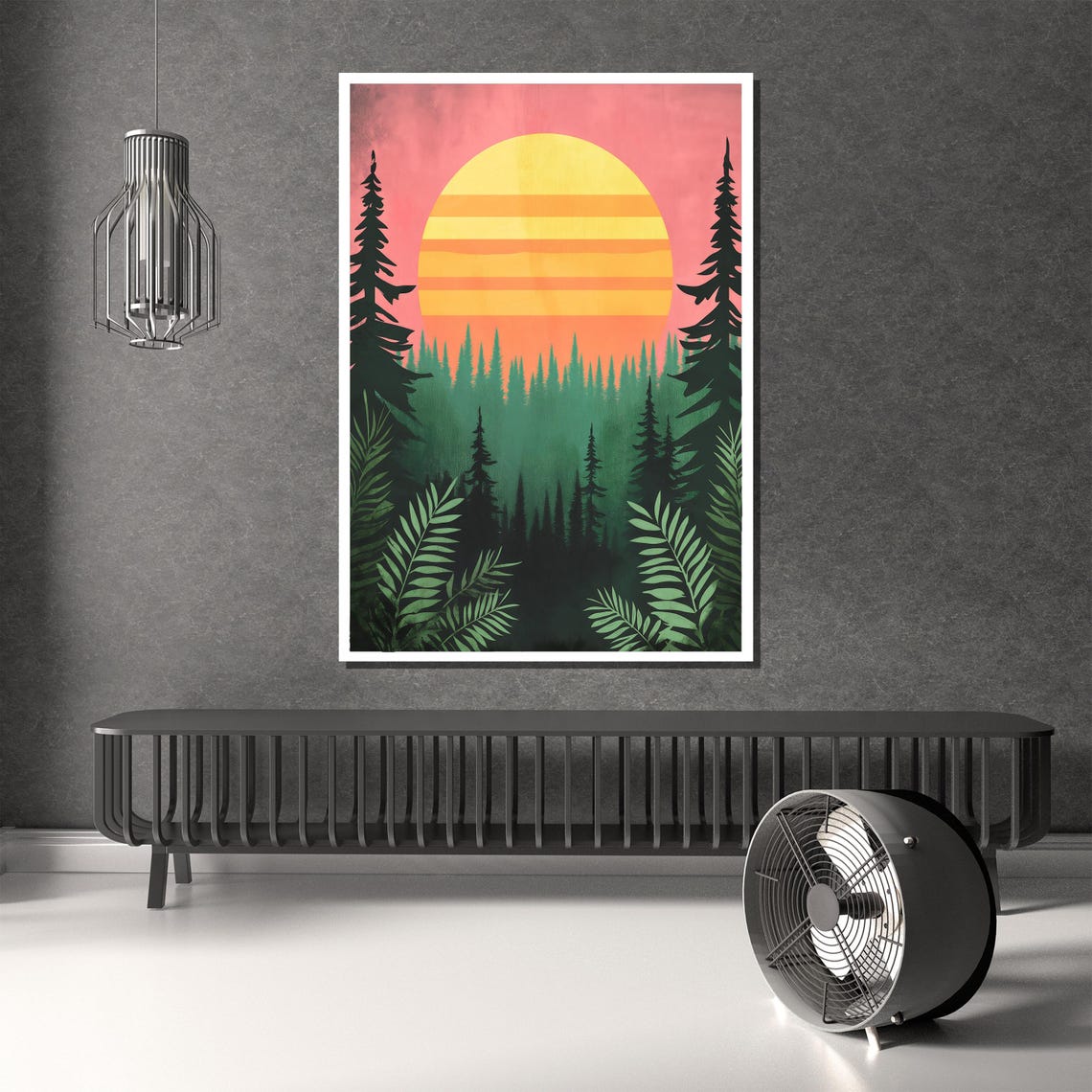Retro Sunset Forest Silhouette Pine Trees Vibrant Art Poster - Image 2