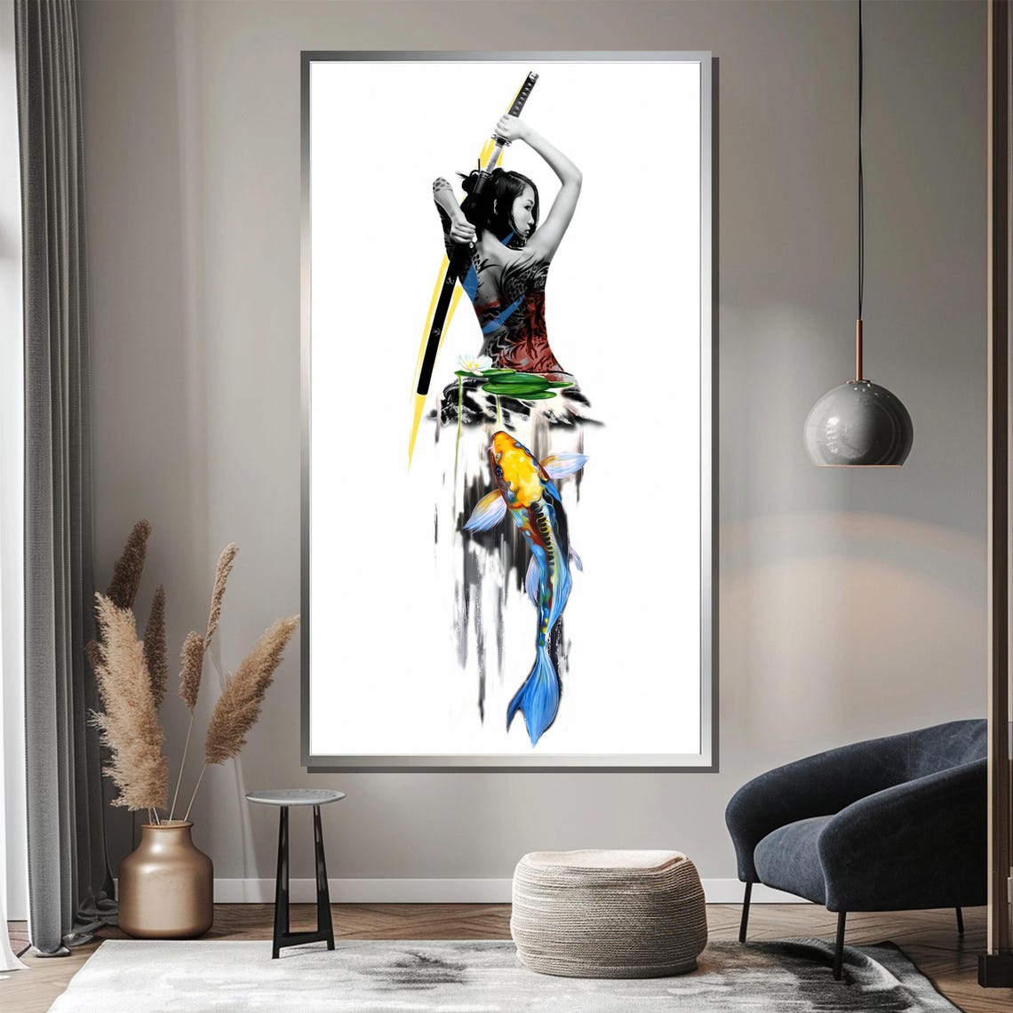 Samurai Woman With Katana And Koi Fish Wall Art Elegant And Vibrant Painting Unique Gift For Japanese Art Lovers - Image 3