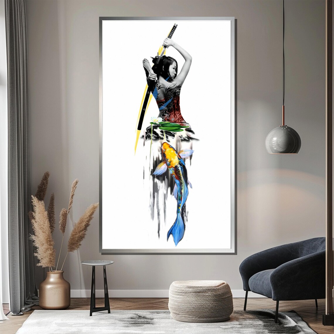 Swordswoman Gripping A Katana Above A Golden Koi Fish Poster - Image 3