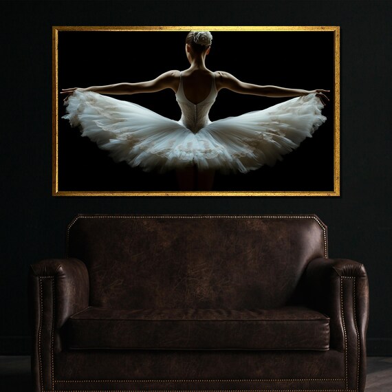 Ballerina in White Tutu Seen From Behind on Dramatic Black Art Poster