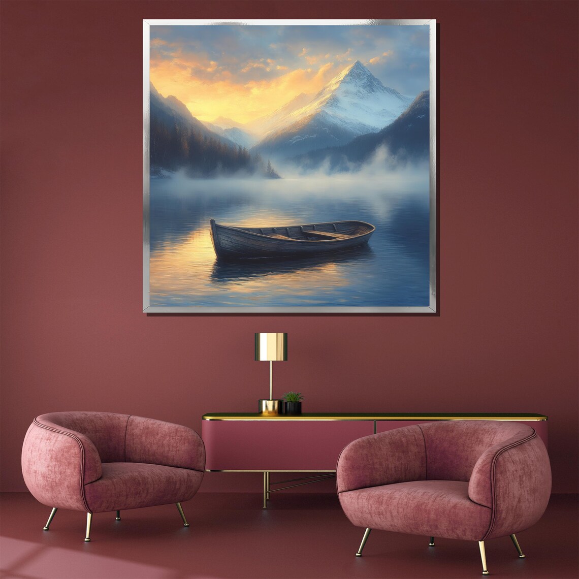 Lone Wooden Rowboat On Misty Mountain Lake At Sunrise Art Poster - Image 3